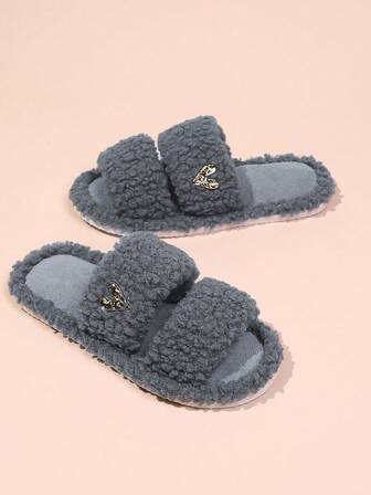 Fashionable Minimalist Casual Heart Decor Plush Open Toe Slippers, Soft & Comfortable Lightweight Sole, Suitable For Living Room And Bedroom, All Season