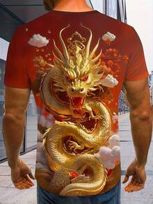 Men's Full-Body 3D Dragon Print T-Shirt - Chinese Dragon Design With Red, Golden & Suitable For Chinese Events, Casual Wear, Round Neck Short Sleeve Tee, Machine Washable Dragon T-Shirt, PLUS SIZE - 混合色 - 查看 8