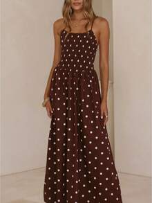 White Brown Polka Dot Maxi Dress For Women Spaghetti Strap Square Neck Smocked Waist Flowy Long Dress Summer Casual Beach Vacation Fashion Dress - 咖啡 - 查看 1