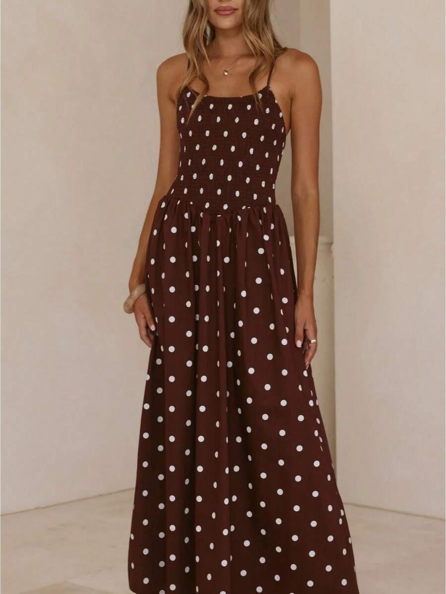 White Brown Polka Dot Maxi Dress For Women Spaghetti Strap Square Neck Smocked Waist Flowy Long Dress Summer Casual Beach Vacation Fashion Dress - 咖啡 - 查看 1