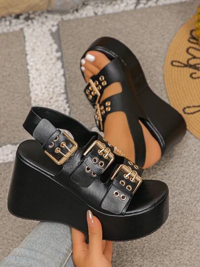 1 Pair Fashionable Solid Color PU Leather Platform Sandals, Ideal For Outdoor Wear In Spring And Autumn