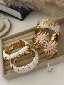 花卉珐琅双色手镯，独特设计，女士款 - 混色白 - 查看 6