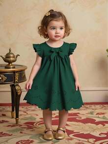 女宝宝简约可爱盖袖纯色蝴蝶结烂花装饰连衣裙 - 墨綠色 - 查看 3