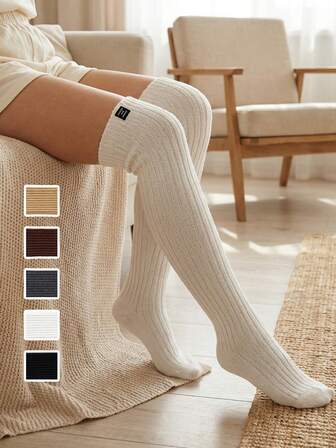 1 Pair Black Label Knitted Thigh High Socks, Warm Women Stockings For Autumn/Winter