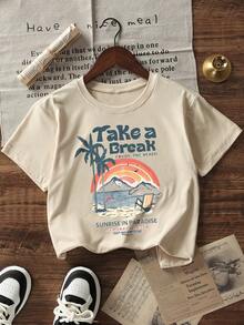 Tween Girls' Casual Apricot Printed Round Neck Short Sleeve T-Shirt, Summer Top - Apricot - View 4