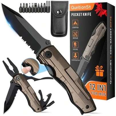 Cadeaux de bas de Noël pour hommes, Outil de poche multifonction 12 en 1 Essentiels de camping, Cadeaux pour hommes pour Noël, Cadeaux pour papa, mari, grand-père, équipement de camping, Cadeaux uniques pour les hommes qui ont tout