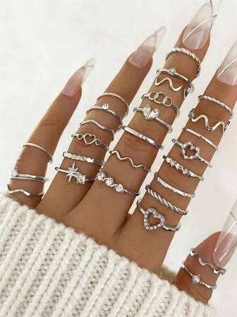 28 piezas Anillos de nudillo con acento de rhinestone con forma de corazón y estilo geométrico bohemio, onda minimalista, adecuado para uso diario de mujeres, citas, reuniones, regalos para novias, fiestas, estilo callejero (incluye tabla de tallas, no doblar a la fuerza, comprar con cuidado)