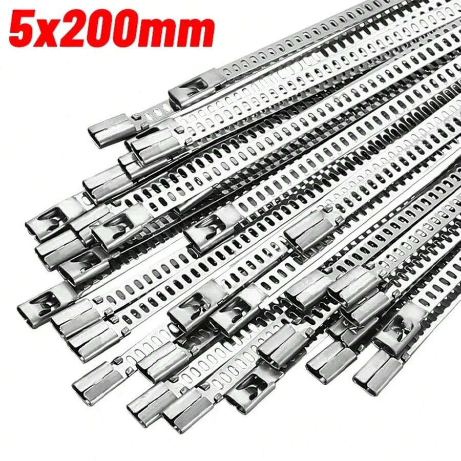 Nuevas bridas de de acero inoxidable, resistentes, autobloqueantes, bucles de sujeción de metal, correa envolvente, bridas escalonadas resistentes a altas temperaturas - 5x200 mm - Ver 1