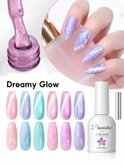 peacecolor 6支/套 10毫升 Aurora 磁性猫眼凝胶指甲油，粉色、蓝色、紫色，持久耐用，沙龙级DIY美甲，女士礼物