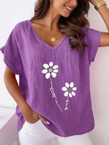 Camiseta de mujer talla grande con estampado, cuello en V y mangas tipo murciélago, de tela de lino, holgada y casual, adecuada para primavera y verano - Morado - Ver 4