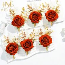 Burnt Orange Velvet Rose Boutonniere For Men,Set Of 6,Groom And Best Man Boutonnieres With Artificial Flower,For Wedding Ceremony Anniversary, Dinner Party, Fall Vintage Rustic Marriage Prom,6pcsOrangeBoutonnieres - 6顆橘色胸花 - 查看 3