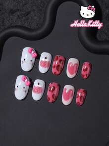 SANRIO 24片椭圆形粉色少女美甲贴纸，包含3D蝴蝶结和爱心装饰，1瓶凝胶指甲油和1把指甲锉，女士日常派对美甲套装 - 彩色 - 查看 2