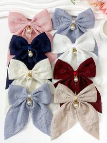 6pcs Solid Color Textured Bow Barrettes With Pearl Pendant, Large Basic Hairclips For Cute Girls & Princess, Suitable For Daily Wear And Party - Multicolor - View 3