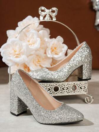 Tacones de bloque grueso con purpurina plateada para mujer - Zapatos de vestir con puntera puntiaguda brillantes para fiesta y boda