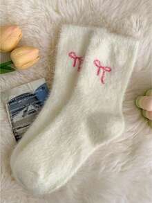 1Pair Of White And Pink Fleece Socks, Bow Design, Warm, Soft And Comfortable, Suitable For Autumn And Winter, Valentine's Day Gift. - 白色 - 查看 7