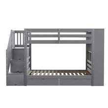 Bunk Bed 90*200 Cm, Safety Stairs With Storage Compartments, Storage Drawers And Large Lockers, High Railing Construction, Slatted Base, Pine Bed, Children's Bed, Youth Bed, White - 灰色 - 查看 10