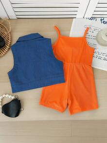 Young Girls' Summer Vest Set - Orange Bow Strap Jumpsuit + Blue Simple Sleeveless Jacket, Children's Fashion Casual 2-Piece Set - Orange - View 6
