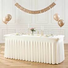 Mantel de Elastano Marfil de 8 Pies para Mesas Rectangulares, Sin Arrugas, Funda Ajustada con Falda, Ideal para Bodas, Fiestas - Marfil+96" x 30" (8 pies - 1 paquete) - Ver 1