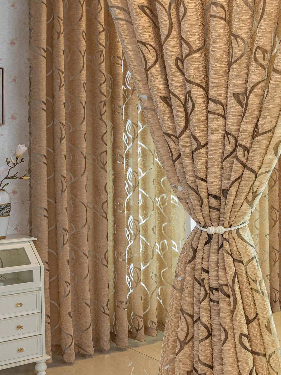 1pc Cut-Out Leaf Pattern Sheer Curtain, Grey/White/Khaki/Red, Semi-Sheer, Lightweight, Suitable For Living Room, Bedroom, Home Decor - Khaki - View 1