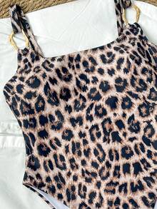 Women's Fashion Leopard Print One-Piece Swimsuit, With Asymmetrical Metal Ring Decoration, Elegant Suitable For Daily Beach Parties Vacation Summer - Leopard - View 4