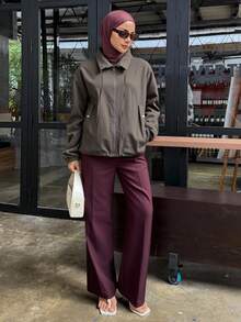 DAZY 宽松工装风格女式夹克，大口袋，复古风格，秋季服装，返校服装，商务休闲女式工作服 - 灰色 - 查看 2