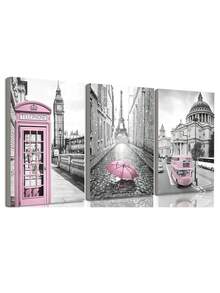 Set Of 3 Modern Art Prints With Eiffel Tower, Saint Paul's Cathedral, And Big Ben, Featuring Pink Telephone Booths, Buses, And Umbrellas, Bedroom, Kitchen, Office Wall Decor Canvas Print, Canvas Only,Wall Art,Poster Gifts Birthday Graduation - Multicolor - View 11