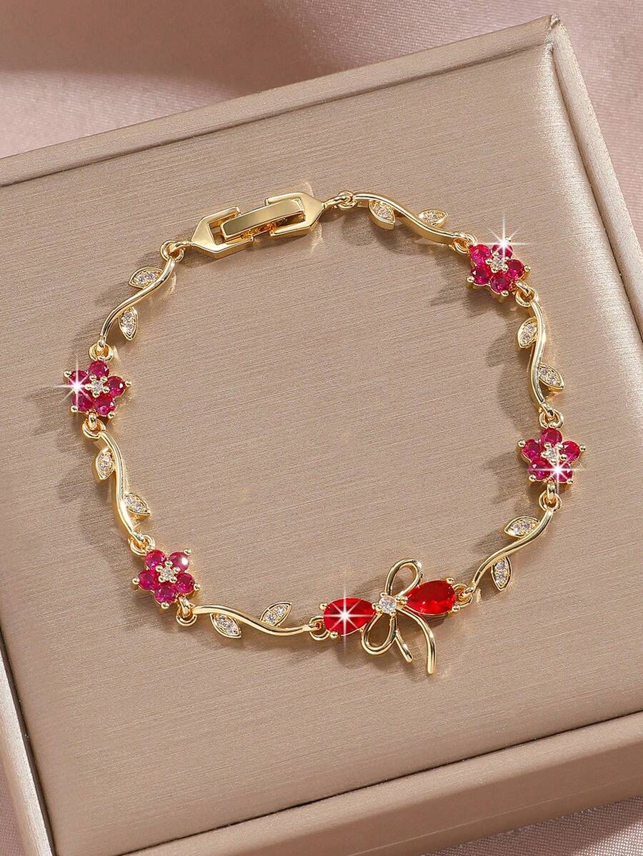 Trending Cross-Border Cute & Sweet Bracelet With Flower, Zirconia, Bow, 18K Gold Plated, Valentine's Day Gift - Bow - View 1