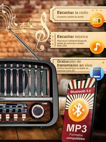 Radio retro recargable MOREKA (AM, FW, SW, USB, Bluetooth, MP3, TF) – El regalo de Navidad perfecto. - Negro - Ver 7