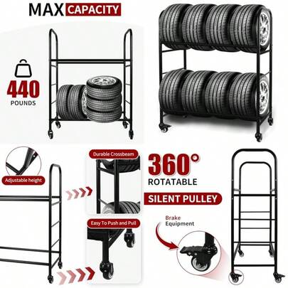 Tire Racks For Garage With Rollers Movable Metal Garage Storage Shelves Tire Storage Rack Black