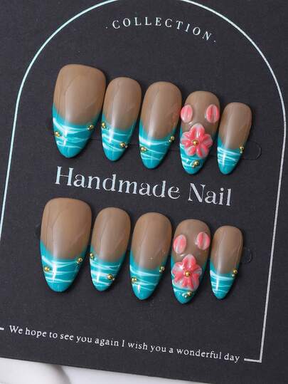 10pcs/Set Handmade Almond Shaped Nail Stickers In Europe And America, Y2K Blue French Style & 3D Hand Painted Powder Carving & Hand Drawn Gradient Shading Print With Steel Bead Design For Nail Decoration. 1 Piece Of Jelly Gel And 1 Piece Of Nail File, Very Suitable For Daily Life As Well As For Costumes At Coachella Music Festival, Press On Nails And Nail Care Products.