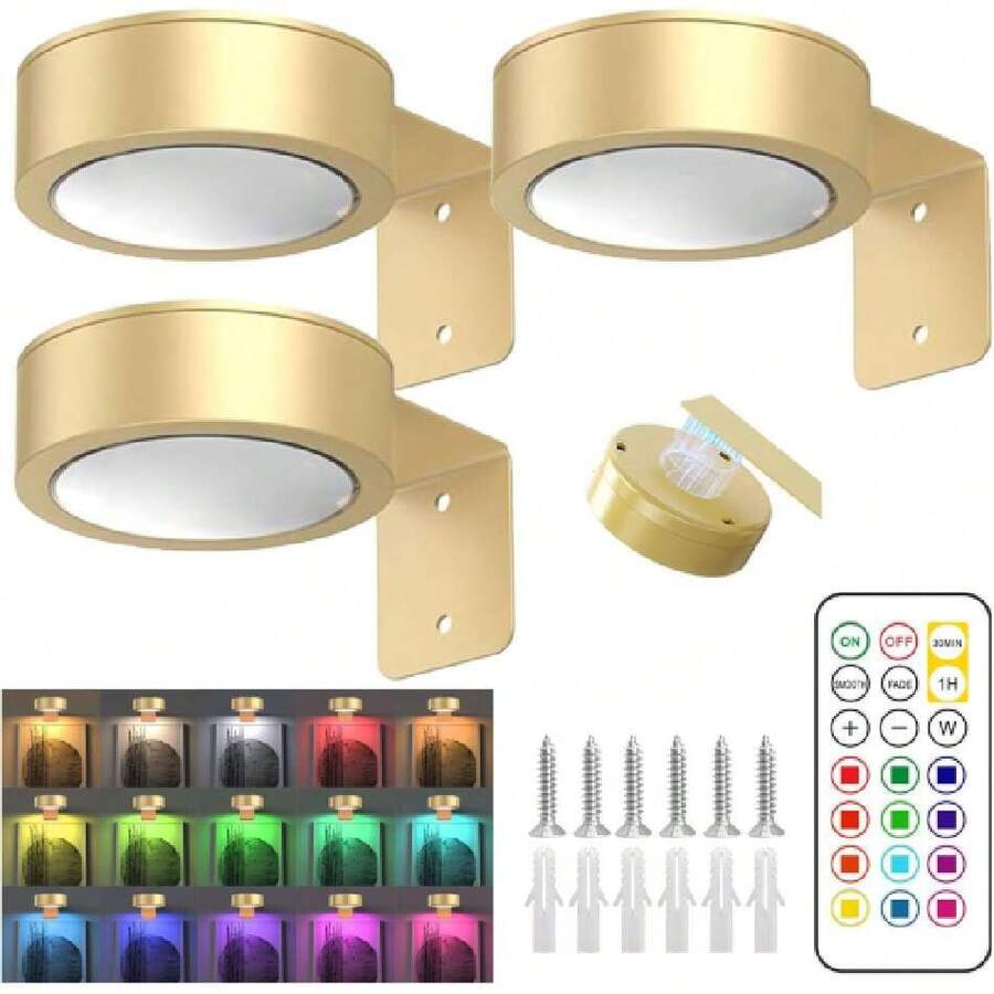 Lampara para Cuadros con Mando, 3 Pzas Luz de Pintura Regulable Exhibición de Arte, Lámpara de Pared Alimentada Por Batería para Marcos de Arte y Decoración de Paredes de Fiesta (oro, RGB),36928160 - Beis - Ver 1