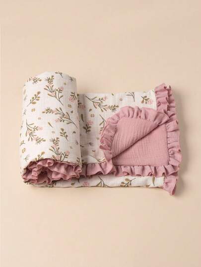 1pc Baby Blanket, Floral Print With Ruffle Edge, Soft Fine Fabric, Spring/Summer New Arrival, Essential Baby Daily Item