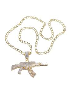 1 pezzo Collana da uomo alla moda in stile hip hop con pendente a forma di fucile AK placcato in oro 14K con strass, adatta per uso quotidiano e per feste - Dorato - Visualizzare 15