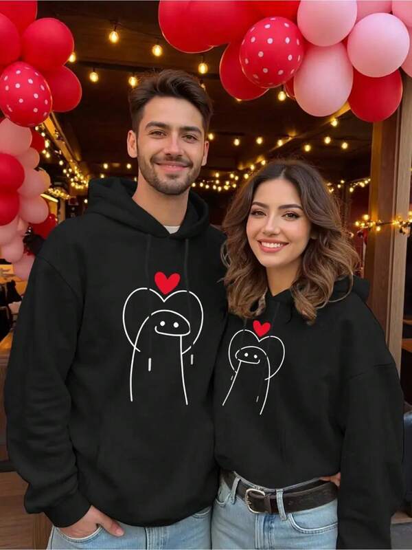 Sudadera acogedora para parejas - Color beige con diseño de corazón, bolsillo canguro y cordón para la capucha - Poliéster de peso pesado para otoño/invierno - Regalo de San Valentín para él/ella - Traje unisex para él y ella, sudaderas para parejas, traje romántico, estampado geométrico, construcción duradera, sudadera con capucha, ropa de invierno