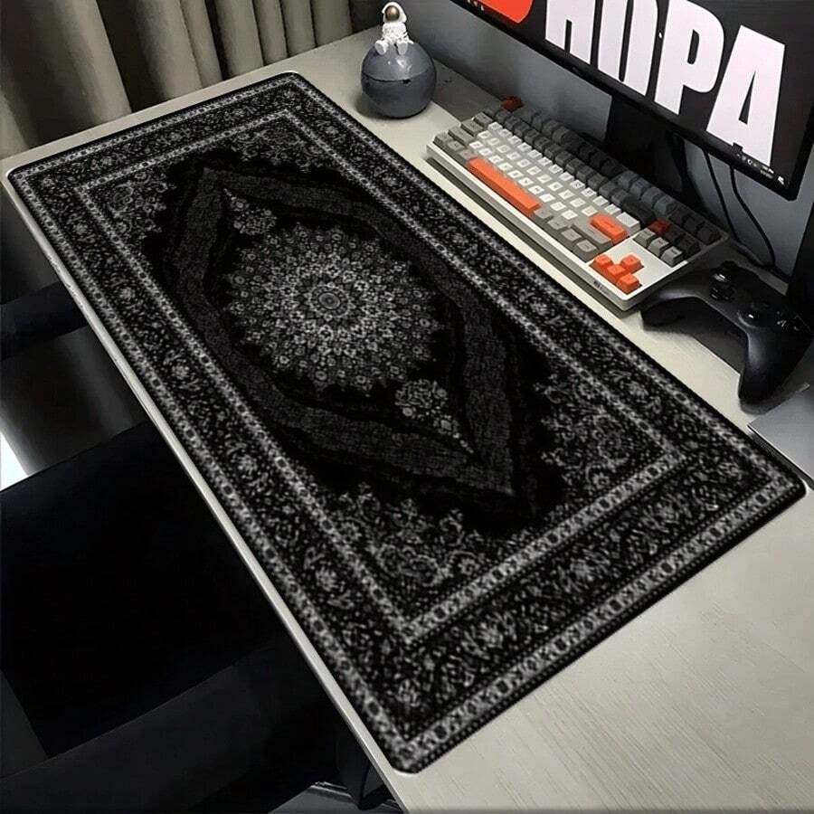 1pc Black Persian Carpet Pattern Mouse Pad And Desk Mat - Non-Slip Rubber Base, Durable Polyester Surface, Vivid Floral Design, Suitable For Gaming And Office Use, Fashionable Desktop Decor Gift, Desk Mouse Pad
