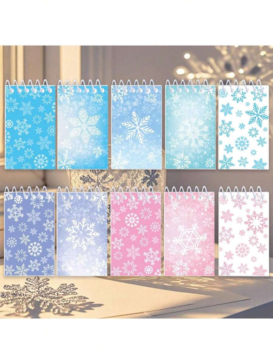 10pcs Snowflake Pattern Spiral Notebooks, Student Notebooks, Word Notebooks, Spiral Notebooks, Fabric Notebooks, Memo Pads, School Supplies, Student Prizes, Party Memo Books, Back To School Stationery, Christmas Memo Books - Multi Color Random - View 1