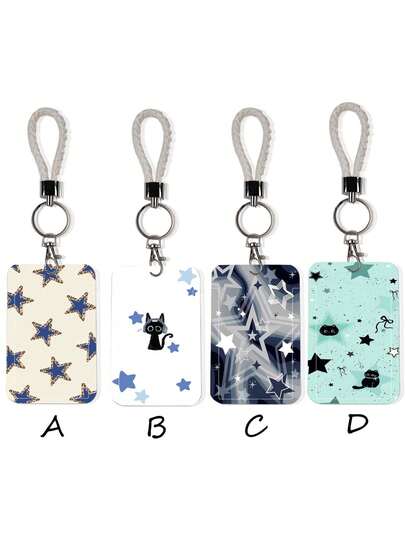 1个ABS蓝色星形图案时尚个性化卡通拉推式卡套钥匙扣包挂件，学生手环卡套，女士手环卡套，公交证件保护套，学生校园卡保护套
