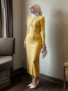 DAZY 女式修身部分拉链针织中长款毛衣裙，秋季女装 - 黃色 - 查看 3