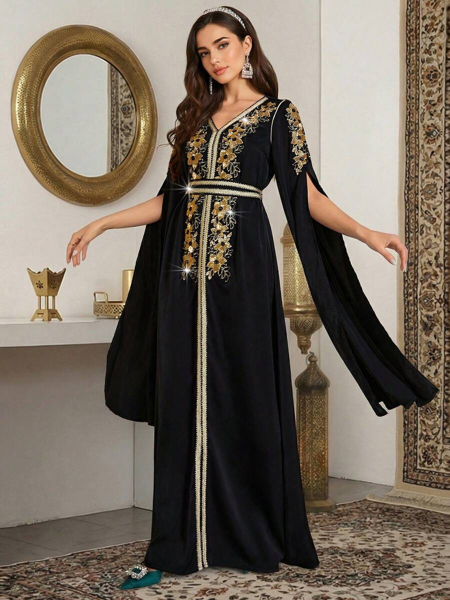 Floral Embroidery V-Neck Maxi Slit Sleeve Dress - Black - View 1