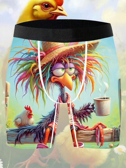 1 Piece Of Playful And Cute Home-Use Casual Men's Boxer Shorts, Featuring A Fun Design Of Big-Eyed Chicken Motifs On A Printed Short Pants Made Of Knitted Fabric, With A Four-Needle Six-Thread Technique, Breathable And Sweat-Wicking, Soft And Skin-Friendly, Novelty Men's Shorts.