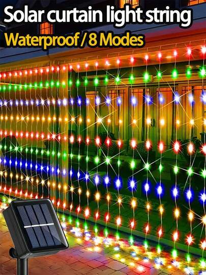 1pc 300/200/100 LED Solar Powered Curtain Lights, Outdoor Lights, IP65 Waterproof, 8 Lighting Modes, Suitable For Christmas, Party, Wedding, Home, Bedroom, Garden, Wall Decor, Halloween, Outdoor Size: 9.8ft X 9.8ft / 9.8ft X 6.5ft / 9.8ft X 3.2ft