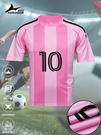 SURUIDA 1pc Miami Style Men's Soccer Jersey Short Sleeve Shirt, #10 Football Tee, Comfortable For Team Match & Casual Sports, Summer