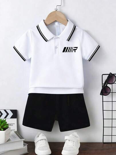Boys' Casual Colorblock Letter Print Short Sleeve Polo Shirt, Summer Holiday