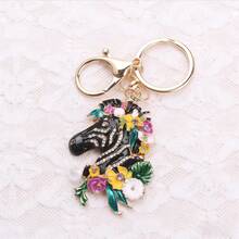Zebra Keychain, Gold-Toned Frame With Black Enamel Zebra Head , Colorful Floral Embellishments, Sparkling Crystal Accents, Delicate Dazzling Craftsmanship, Ideal Key Accessory & Bag Charm For Daily Use, Gifts For Animal Lovers &  Styling - Đen và trắng - Xem 1