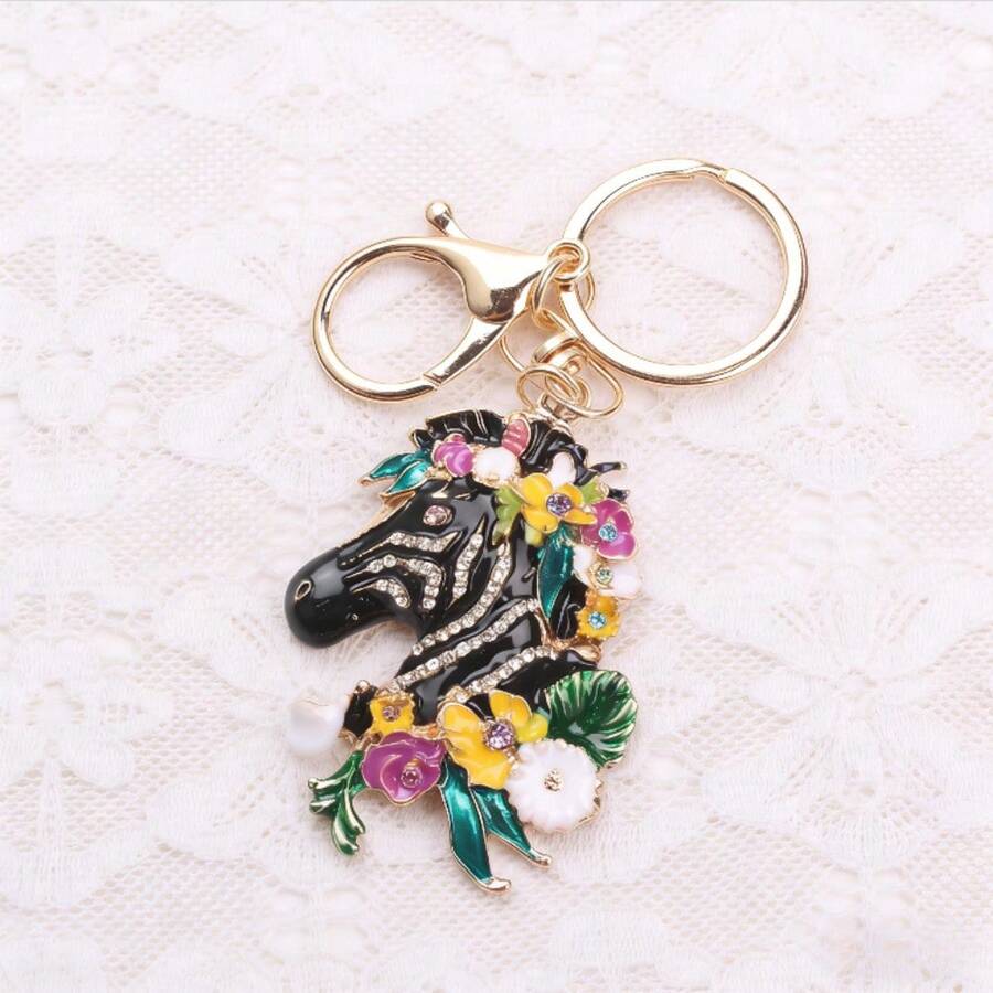Zebra Keychain, Gold-Toned Frame With Black Enamel Zebra Head , Colorful Floral Embellishments, Sparkling Crystal Accents, Delicate Dazzling Craftsmanship, Ideal Key Accessory & Bag Charm For Daily Use, Gifts For Animal Lovers &  Styling - Đen và trắng - Xem 1