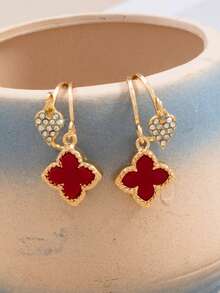 1 Pair Elegant Heart & Four-Leaf Clover Pendant Earrings - Unique & Simple Design For Women, Perfect Jewelry Accessory For Valentine's Day Gift/Daily Matching, Fashionable & Versatile - Red - View 2
