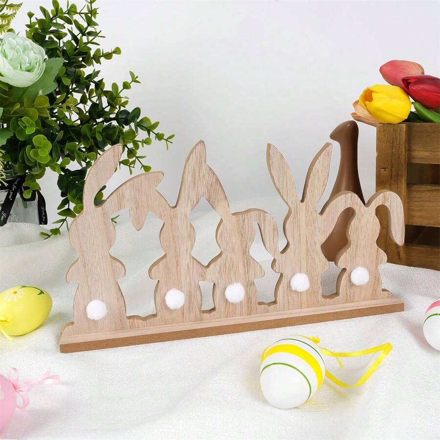 Decoraciones de conejo de Pascua, coloridas figuras de madera de conejo, adornos de escritorio para el hogar y las vacaciones. - marrón café - Ver 1