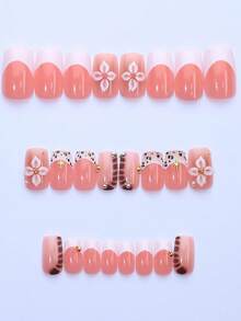 Bộ 24 móng giả vuông ngắn, họa tiết da báo, kiểu Pháp hoa trắng, bộ móng giả acrylic hợp kim crom dễ thương (bao gồm: 1 gel dán và dũa móng), thích hợp cho phụ nữ dùng hàng ngày, hẹn hò và dự tiệc. - Nhiều màu - Xem 2