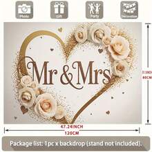 2D平面，1件婚礼心形背景 - 优雅的金色和白色玫瑰设计，带有闪亮的细节，涤纶横幅，可用作家居、房间、派对装饰、摄影道具、婚礼装饰。 - 1pcs - 查看 5