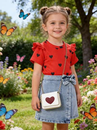 2pcs/Set Toddler Girls' Casual Sweet Style Heart Striped Puff Sleeve Round Neck Cap Sleeve Red T-Shirt Top Paired With Irregular Hem Distressed Denim Skirt Outfit, Spring/Summer